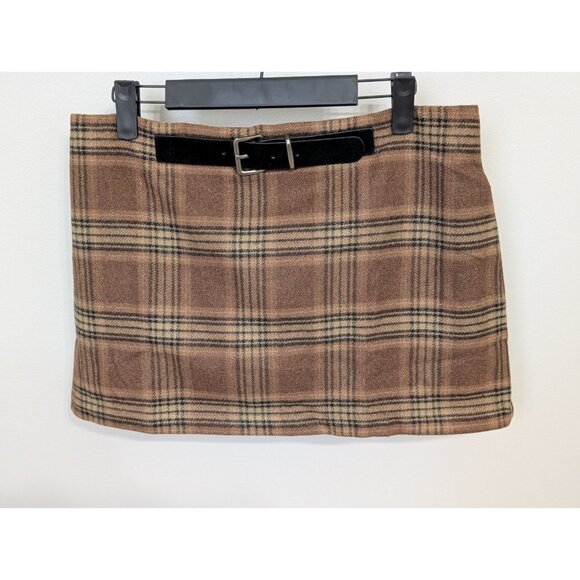 Cider Wool-like Mid Rise Brown Tartan Belted Mini Skirt Skort Sz M - Picture 1 of 9
